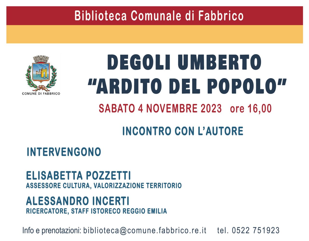 “Umberto Degoli Ardito del popolo” il 4 novembre a Fabbrico