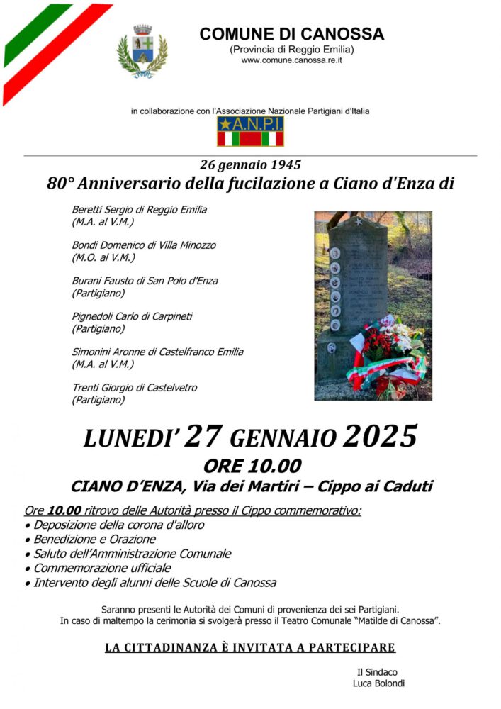 Canossa ricorda i partigiani fucilati il 26 gennaio 1945