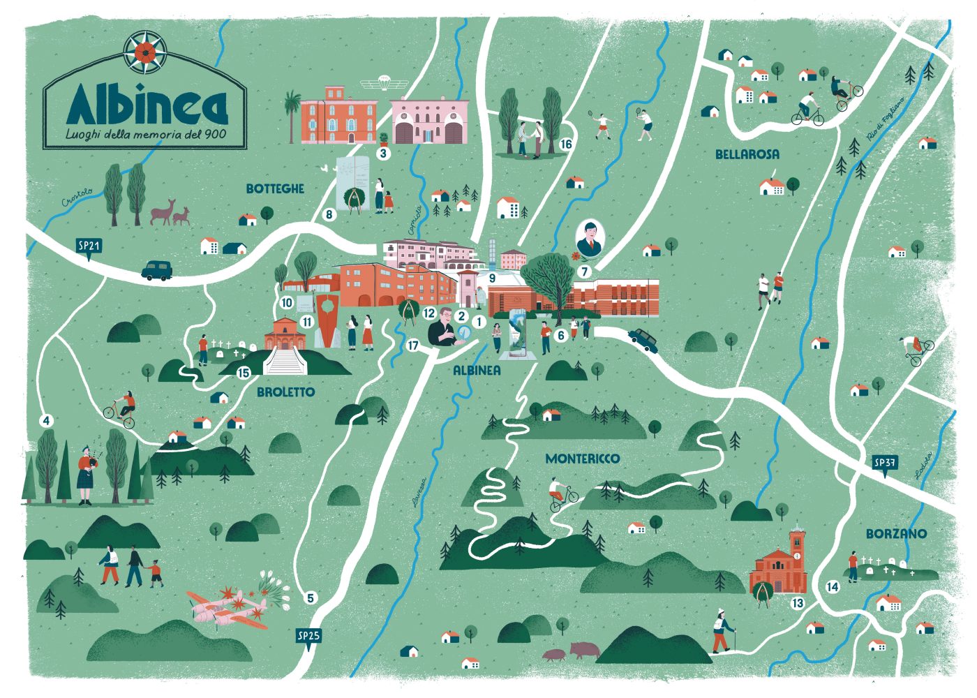 Una mappa di Albinea con 17 lughi della memoria del ‘900