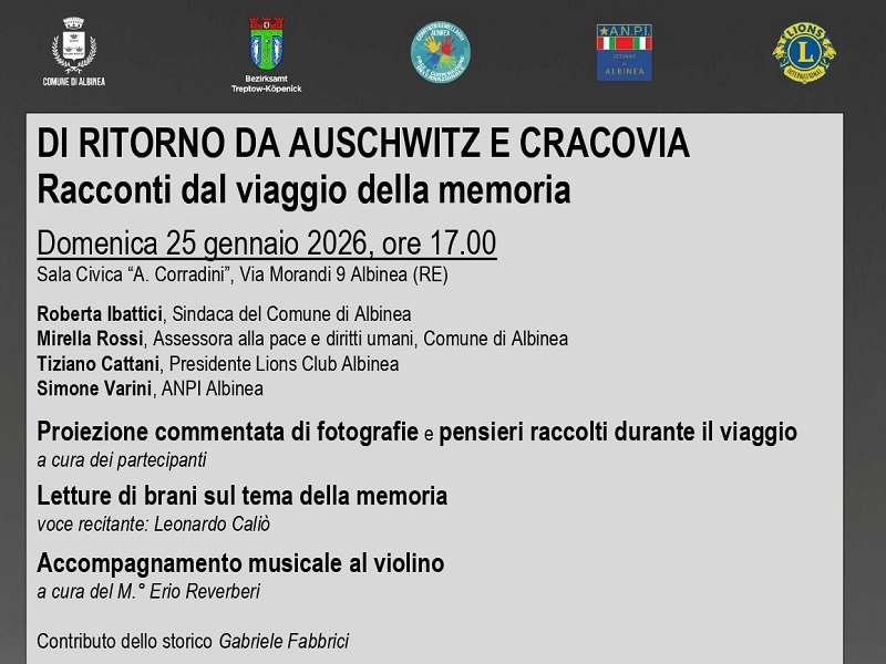 “Di ritorno da Auschwitz e Cracovia. Racconti dal viaggio della Memoria” il 25 gennaio a Albinea