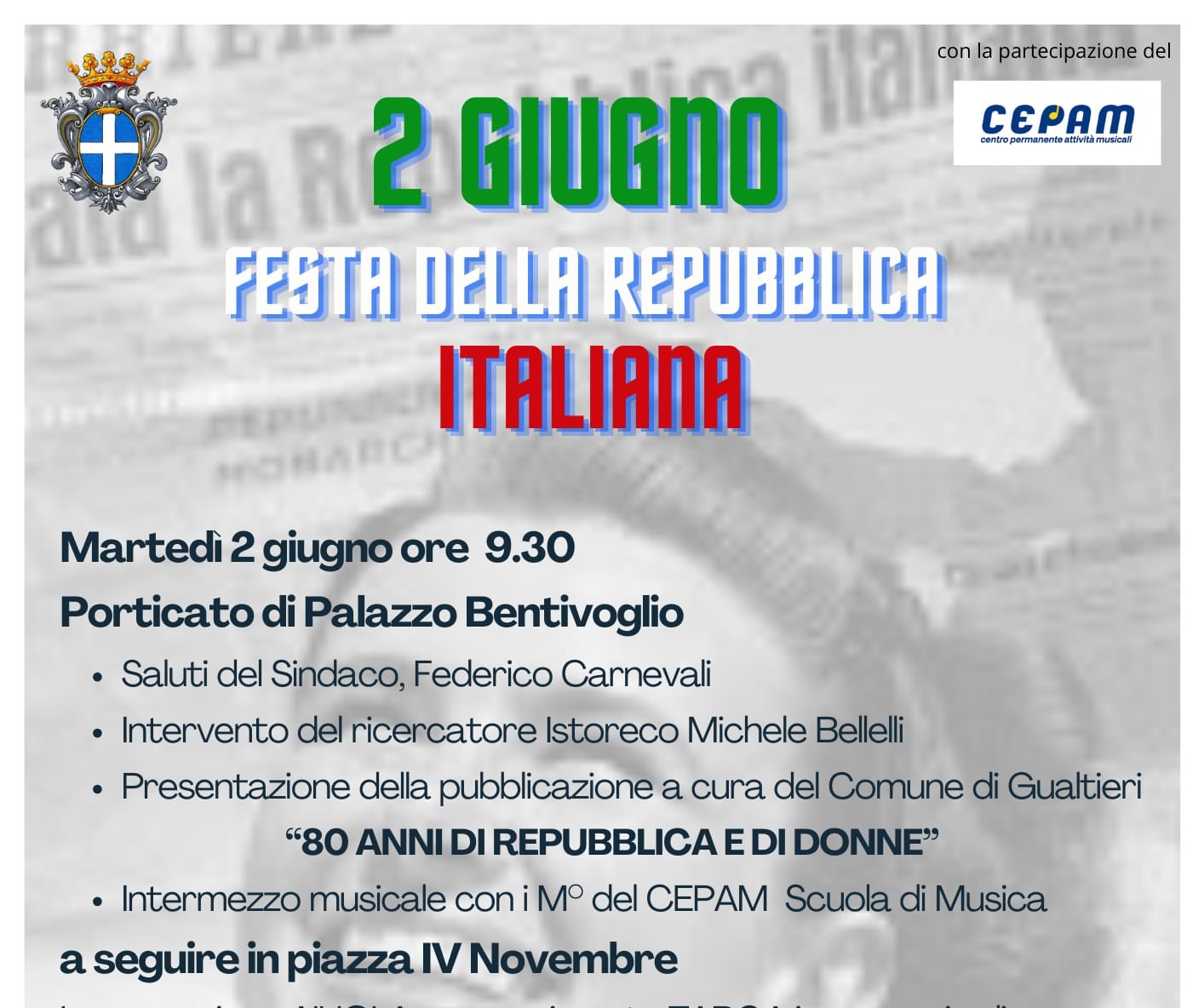"80 Anni di Repubblica e di Donne” a Gualtieri